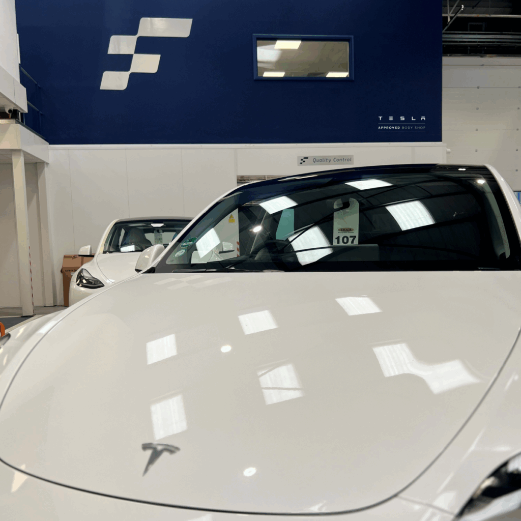 Finesse_Tesla approved Tesla electric vehicle at Finesse body shop.