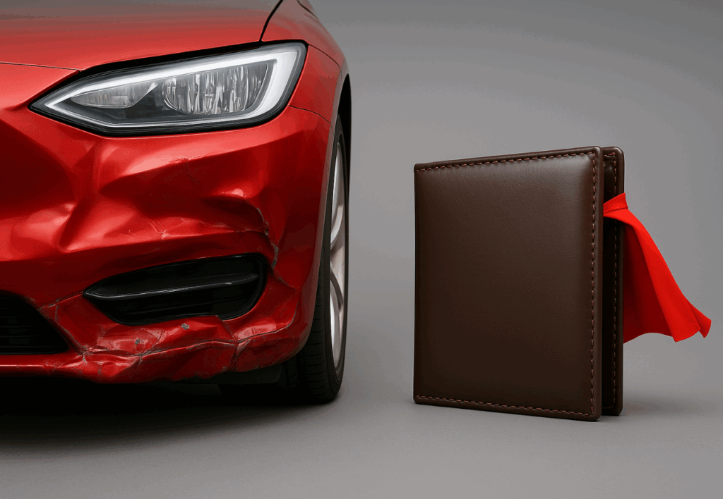 we_pay_your_excess A damaged red car bumper next to a wallet with a red cape, symbolising Finesse ARC covering car insurance excess after an accident.