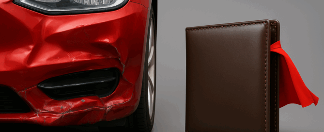 A damaged red car bumper next to a wallet with a red cape, symbolising Finesse ARC covering car insurance excess after an accident.