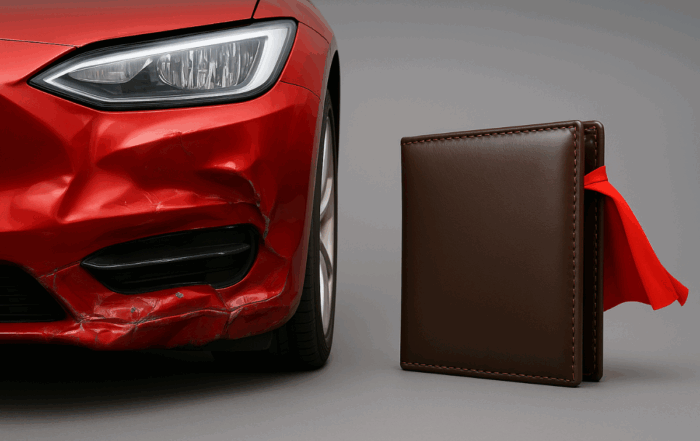 A damaged red car bumper next to a wallet with a red cape, symbolising Finesse ARC covering car insurance excess after an accident.