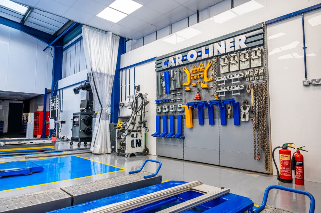The image shows Finesse ARC bodyshop tools and technology, including Car-O-Liner